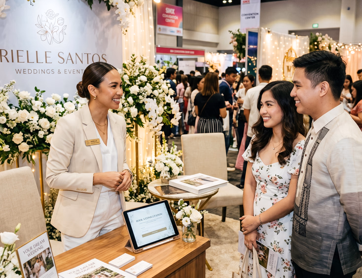 Filipino wedding planner greeting an engaged couple at her booth during a Manila wedding fair.
