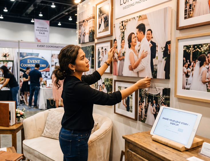 Filipino wedding photographer adjusting a gallery wall display at a Pasay convention center wedding fair booth.