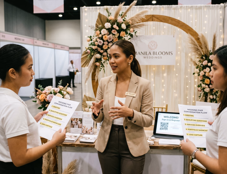 Filipino wedding coordinator and her team rehearsing a conversation script before a wedding fair opens.