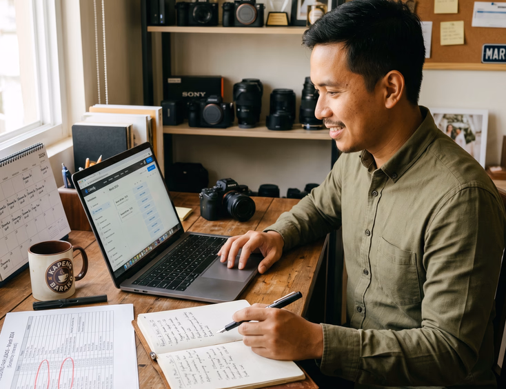 Filipino wedding videographer scheduling discovery calls on his laptop with leads from a wedding fair.