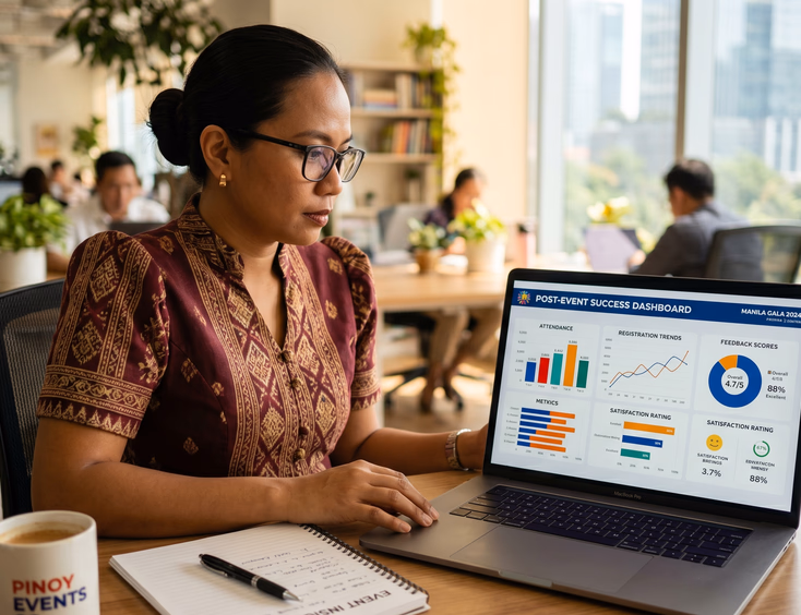 Filipino events manager reviews an event success dashboard on a laptop with attendance charts and feedback scores in a modern office.