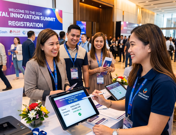 Filipino events coordinator checking in guests at a digital registration tablet with a real-time attendance counter at an event entrance.