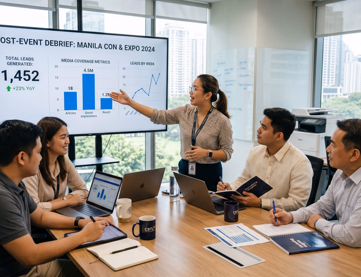 Filipino marketing team reviews post-event business results and media coverage metrics on a screen during a corporate debrief meeting.