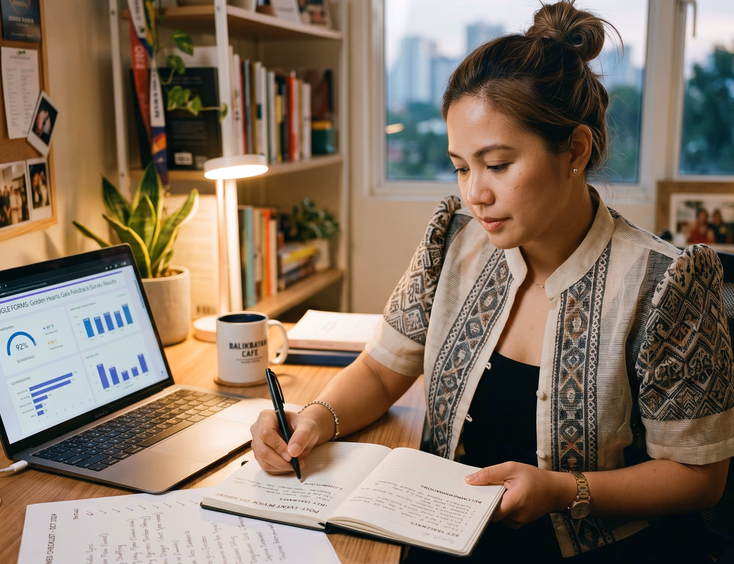 Filipino events planner writing notes in a post-event review document at a desk with a laptop displaying feedback survey results.