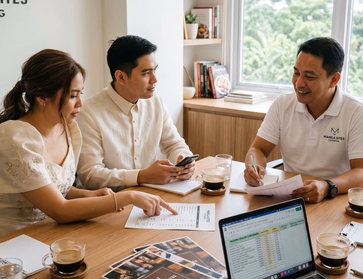 Filipino couple discusses a printed catering quote with a caterer during an office negotiation meeting.