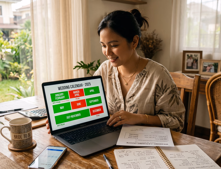 Filipino bride reviews a wedding calendar and catering quote for peak and off-peak pricing comparisons.