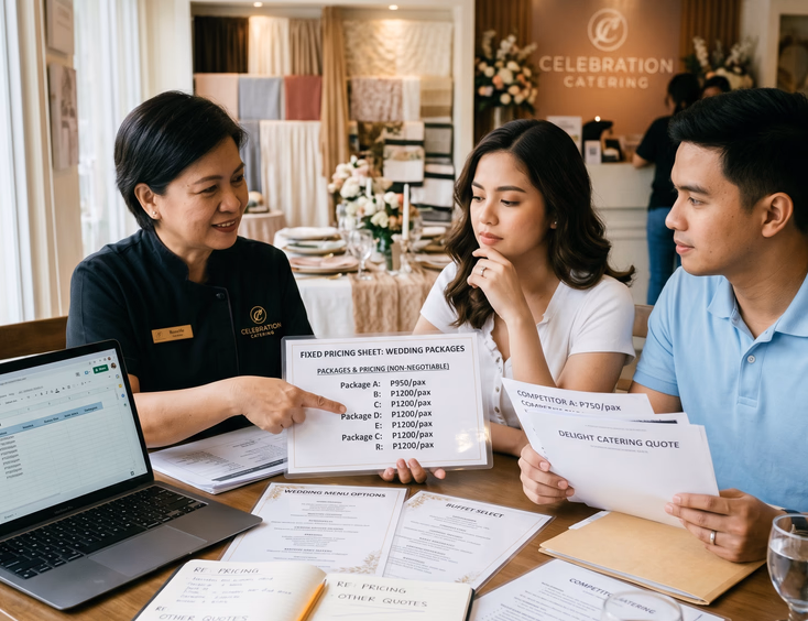 Filipino bride and groom discuss fixed pricing with a female caterer in a showroom setting.