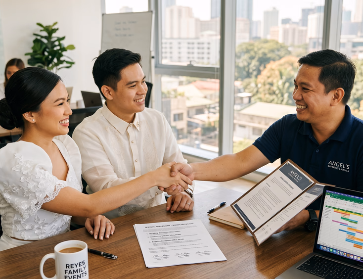 Filipino bride and groom shake hands with a caterer after successfully negotiating a multi-event wedding contract.