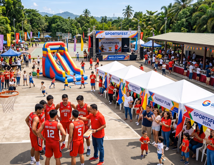 Filipino company sportsfest at an outdoor complex with a basketball team in red jerseys huddling on a sunlit court and families cheering.