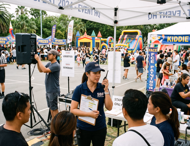 Filipina event organizer with a clipboard and walkie-talkie coordinating a busy company sportsfest behind the scenes under an event tent.