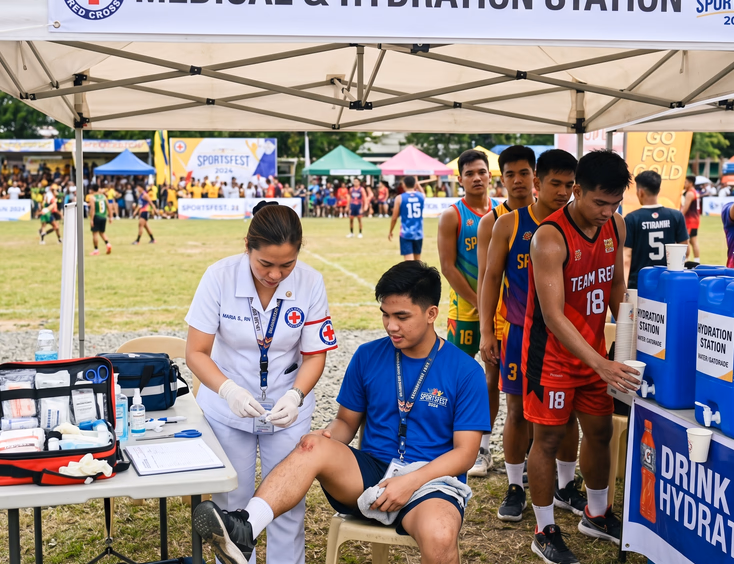 Medical and hydration station at a company sportsfest with a Filipino nurse attending to an employee's minor injury under a canopy tent.