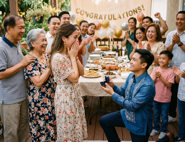A young Filipino man proposes to a surprised woman in front of her smiling multigenerational family at a warm family gathering.