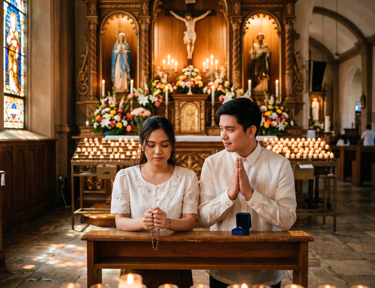 A young Filipino couple shares a reverent moment praying at a warmly lit Catholic church altar with stained glass, just before a proposal.