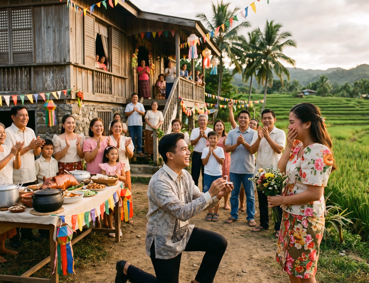 A young Filipino man proposes to his partner outside a rustic ancestral home surrounded by rice fields and relatives during a town fiesta.