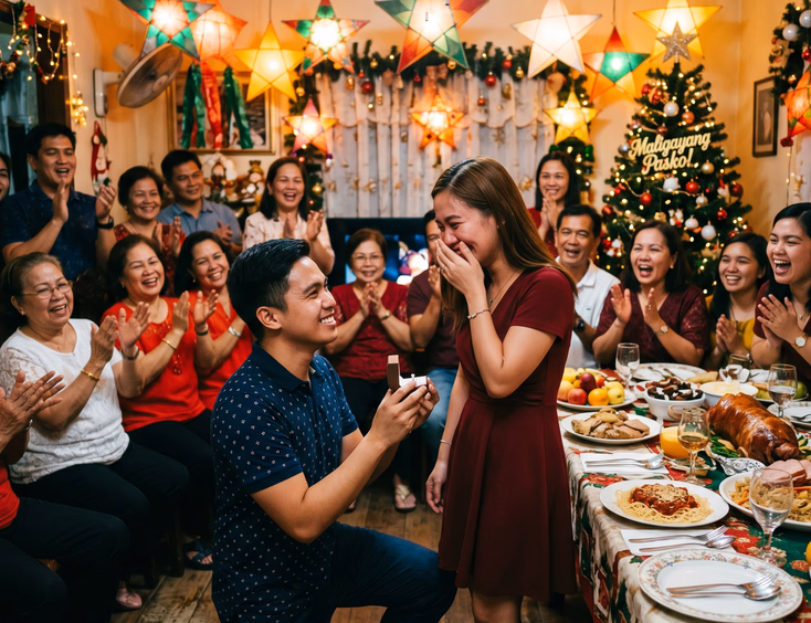 A young Filipino man proposes during a festive family Christmas Noche Buena gathering with traditional Parol lanterns and joyful relatives.