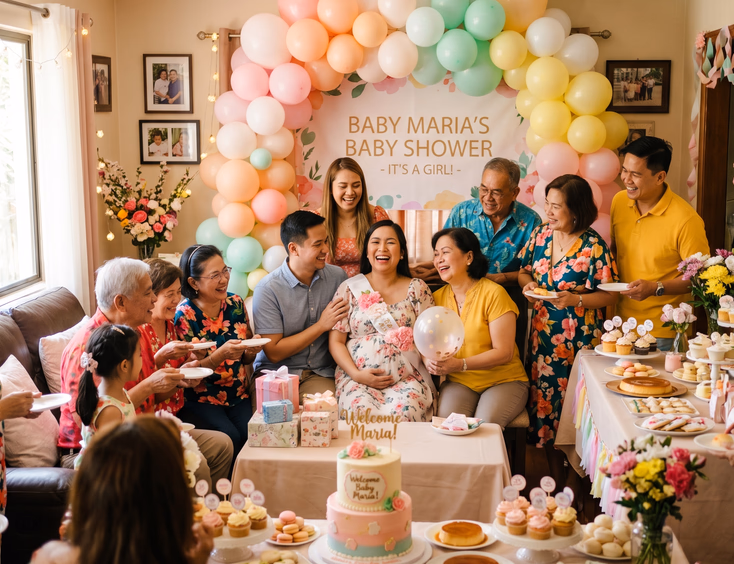 A joyful Filipino baby shower featuring a smiling pregnant Filipina surrounded by family and friends amidst pastel balloons.
