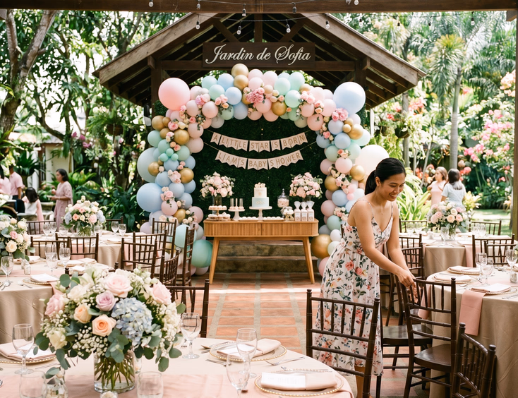 A beautiful outdoor garden venue set up for a Filipino baby shower with a pastel balloon arch and elegant floral centerpieces.