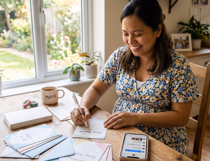 A pregnant Filipina sits happily at a table preparing pastel baby shower invitations, using her phone to check group chat.