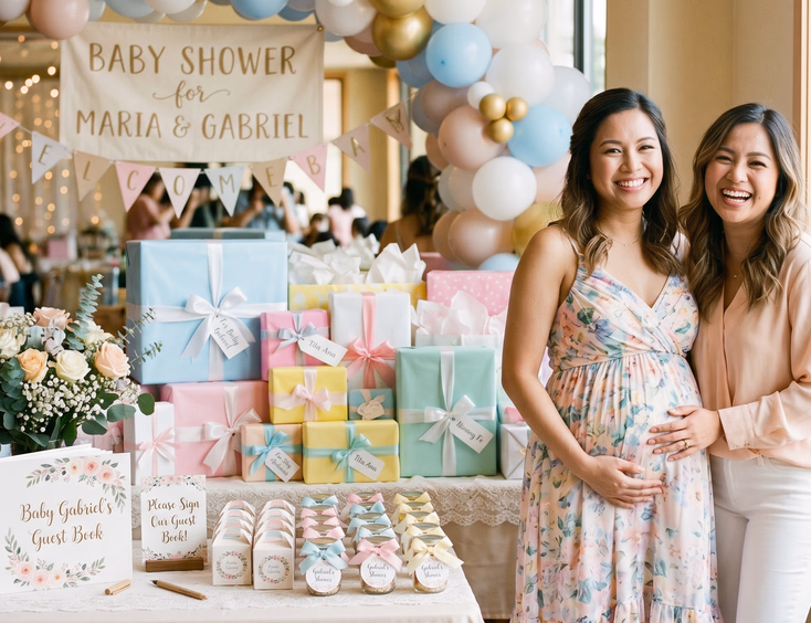 A full gift table at a Filipino baby shower piled with wrapped presents, small party favors, and happy expectant mother.