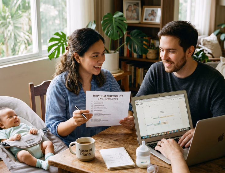 Filipino couple planning a baby baptism with a laptop and checklist at home.