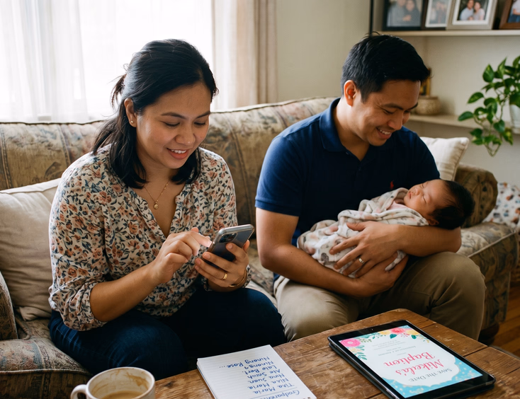 Filipino parents sending digital save-the-date invitations for a baby baptism from home.