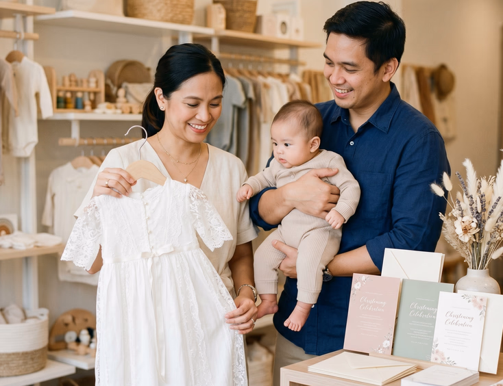 Filipino family shopping for a white christening gown and baptism invitations in a baby boutique.