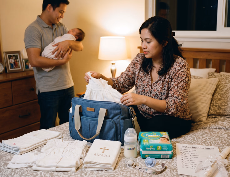 Filipino mother packing a baby bag with a christening gown and candle for a baptism.