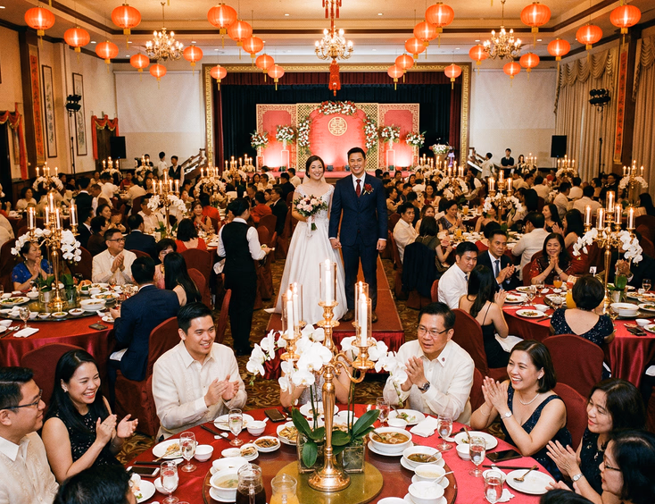 Filipino Chinese couple in wedding attire standing before full room of formally dressed guests in decorated Chinoy wedding reception banquet hall with red satin tablecloths gold lazy Susan turntables and red lanterns overhead