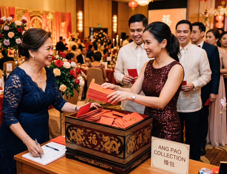 Filipino family member managing overflowing wooden lacquered ang pao box as female guest places red envelope with both hands at Chinoy wedding reception collection table in Philippine hotel ballroom