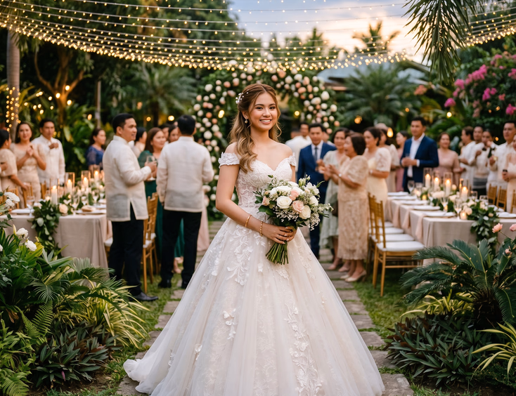 Filipina debutante in an off-white ball gown stands in an intimate garden venue with string lights, Philippine roses, and mingling guests during golden hour.