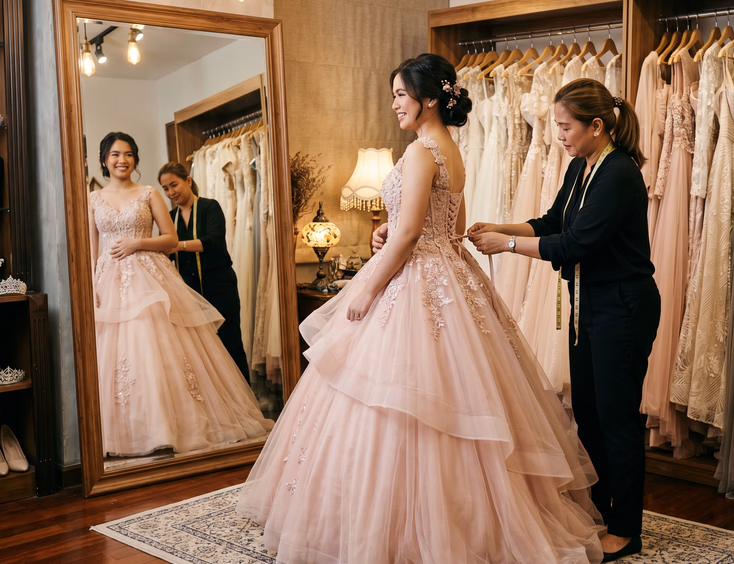 A Filipina debutante tries on a blush-pink ball gown in a rental studio while a stylist adjusts the fit, with a full-length mirror reflection.