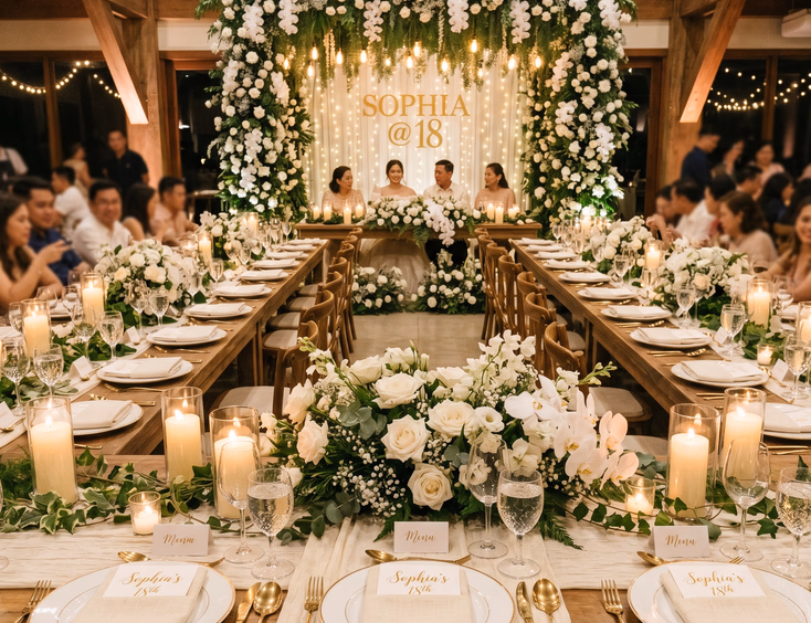 Beautifully styled long banquet table for a Filipino debut with pillar candles, greenery, local white roses, orchids, and a floral arch backdrop.