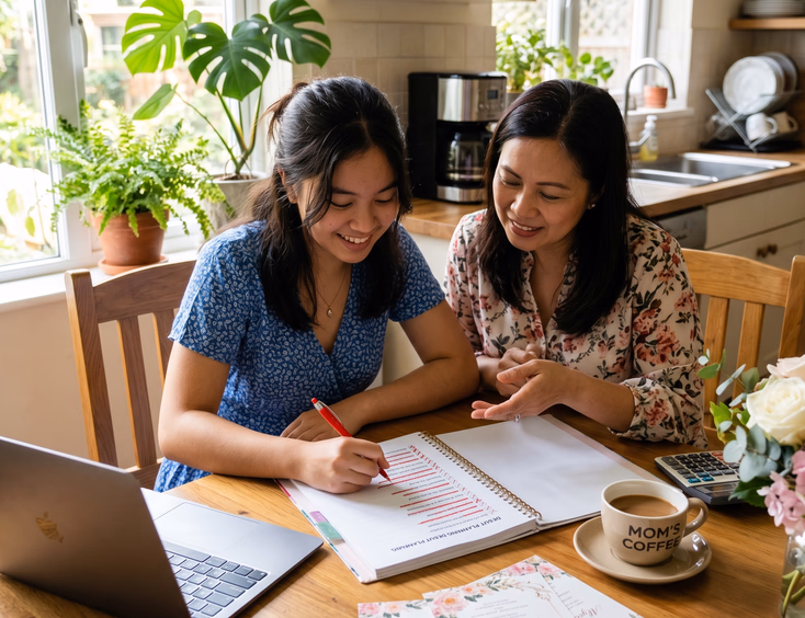 Filipina debutante and her mother review an event planning list at a kitchen table, crossing out items with a red pen in natural morning light.