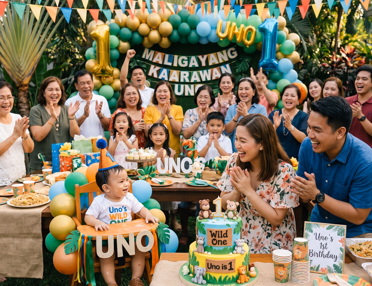 A joyful Filipino first birthday party with a one-year-old in front of a themed cake, surrounded by cheering family and festive balloons.