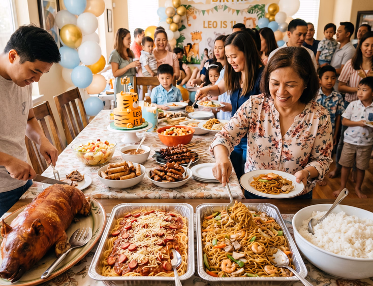 A traditional Filipino first birthday food spread includes a whole lechon, pancit, and spaghetti on a long table with guests in a home.