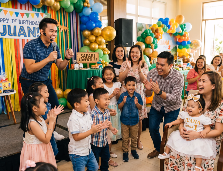 A lively Filipino first birthday party with a host leading games for laughing children and parents, while a baby watches from a lap.