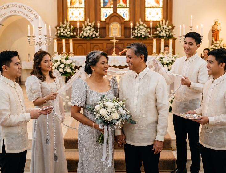 Mature Filipino couple in Filipiniana and Barong Tagalog during a silver anniversary vow renewal.