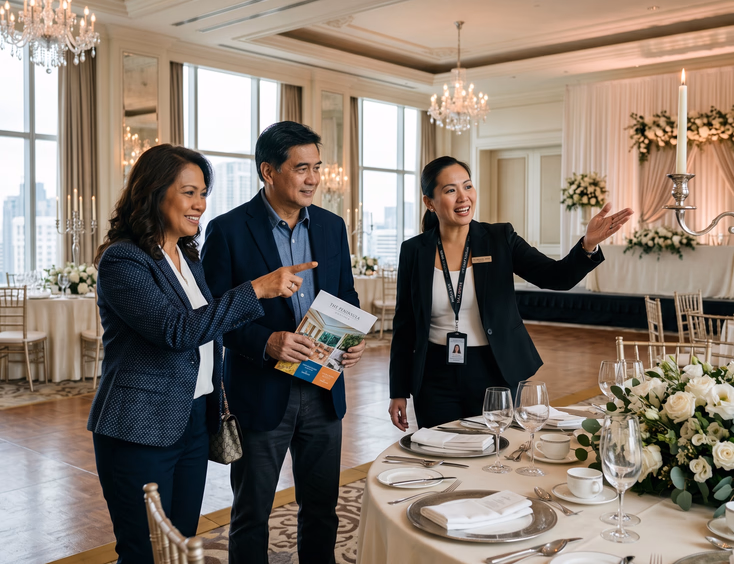 Mature Filipino couple planning a silver anniversary during a hotel ballroom tour with a coordinator.