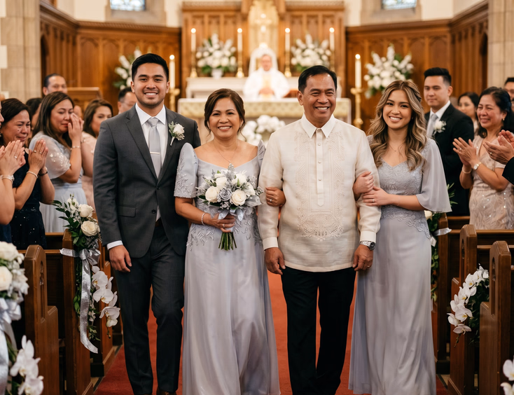 Filipino couple escorted by adult children down the aisle for silver anniversary vow renewal.