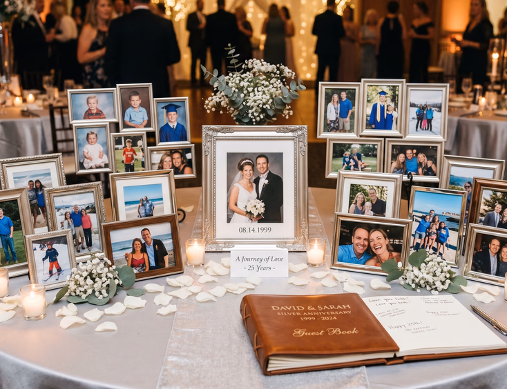 Silver wedding anniversary memory table featuring framed family photos spanning 25 years of marriage.