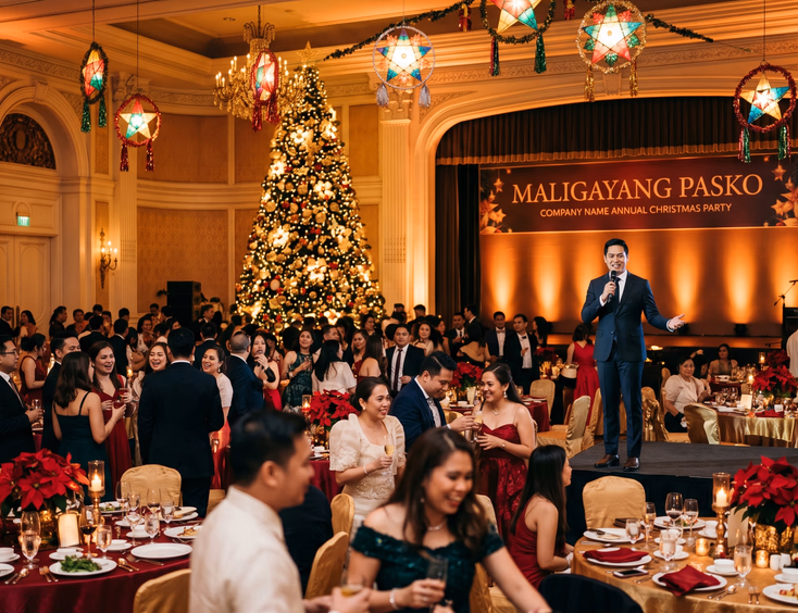 Festive Filipino company Christmas party in a decorated Manila hotel ballroom with employees, a Christmas tree, and hanging parol lanterns.