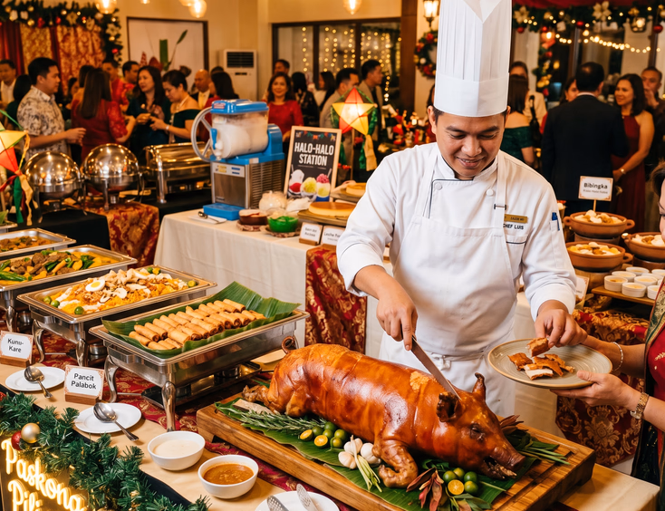 Filipino Christmas party buffet station featuring a whole roasted lechon served by a chef, traditional holiday dishes, and festive decor.