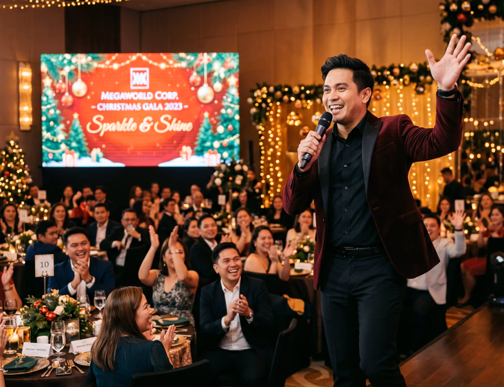 Filipino emcee hosting a corporate Christmas party on stage in front of an LED screen displaying the holiday-themed company logo.