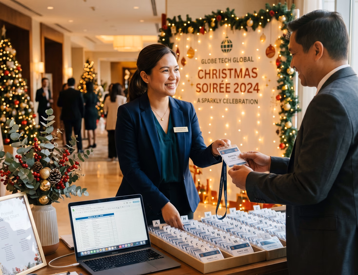 Filipina event coordinator managing the registration table and welcoming guests at a corporate company Christmas party check-in.