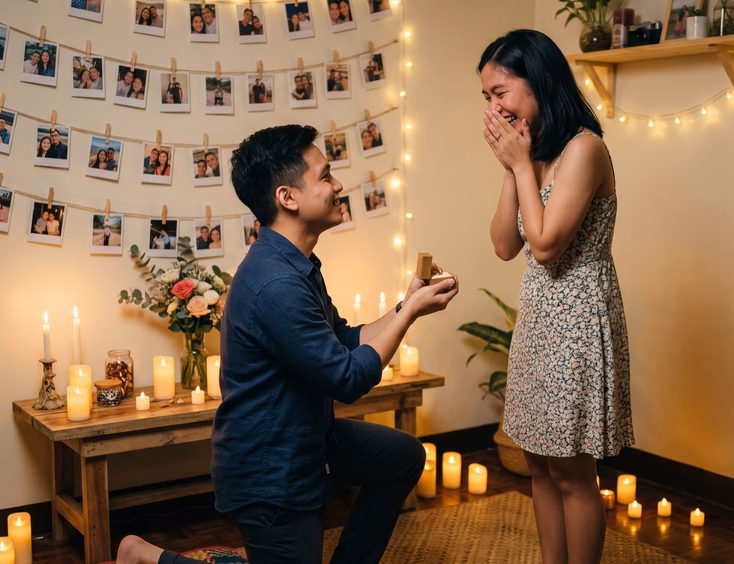 A heartwarming candid photo of a young Filipino man proposing to his surprised girlfriend in a simple, candlelit home setup with fairy lights and photos.