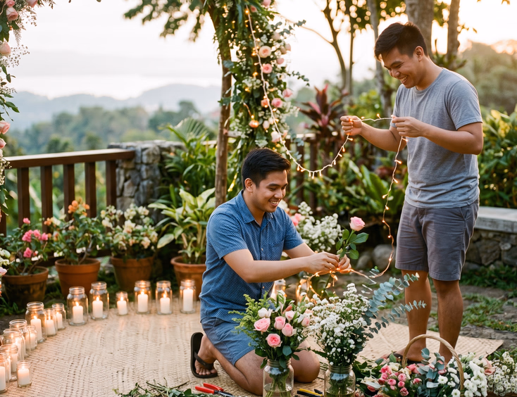 A candid moment showing a young Filipino man and a friend decorating a simple proposal spot with fresh flowers and twinkling fairy lights in the afternoon light.