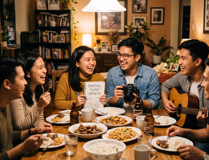 A group of joyful young Filipino friends gathers around a table, sharing a meal and planning a surprise proposal with a camera and guitar ready.