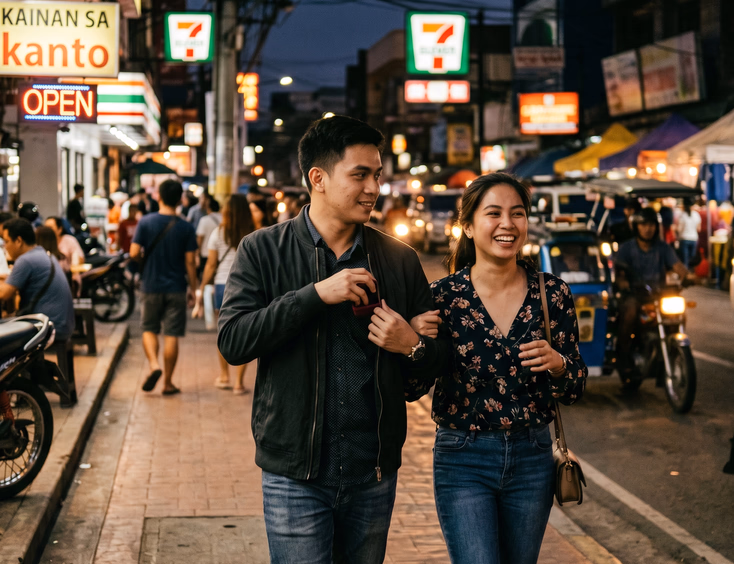A candid documentary shot of a young Filipino man discreetly hiding a ring box in his jacket pocket during a casual evening dinner date.