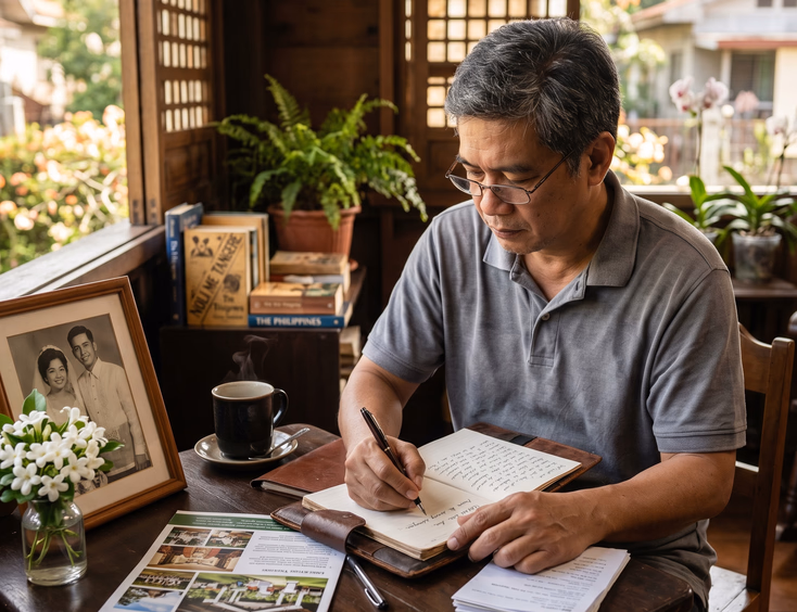 A Filipino man in his late 40s privately writes in a journal at a home desk, surrounded by a wedding photo, flowers, and coffee, indicating thoughtful, secret wedding planning.
