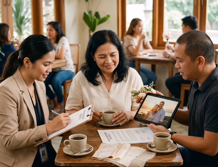 A Filipino woman in her 50s discreetly meets with a wedding coordinator and a photographer at a cafe in the Philippines to discuss venue details and contracts.